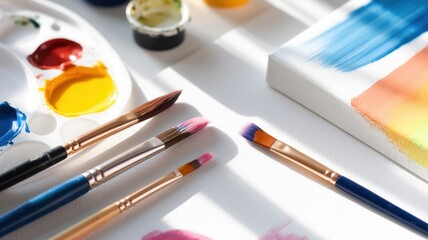 Obraz premium Artistic tools displayed on a bright surface, featuring paintbrushes and a palette with vibrant colors, perfect for creative inspiration.