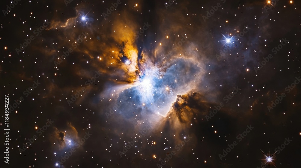 Poster a stunning view of a colorful nebula in deep space, showcasing vibrant blues and oranges with countl