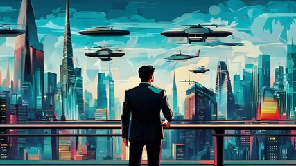 digital looking futuristic art standing light city illustration man colorful painting style balcony illustration painting art imagination artistic artwork acrylic scene neon light urban light - Powered by Adobe