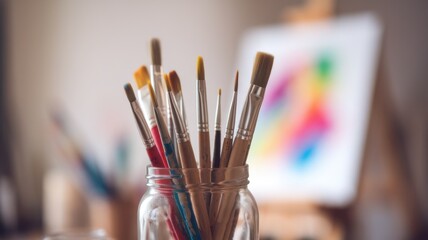 A collection of paintbrushes in a jar, set against a vibrant abstract painting in the background, creating an inspiring art studio atmosphere.
