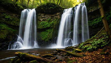 Obraz premium Serenity of the Twin Waterfalls