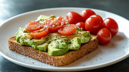 Avocado toast with a side of cherry tomatoes, sprinkled with sea salt and cracked black pepper, placed on a white plate.