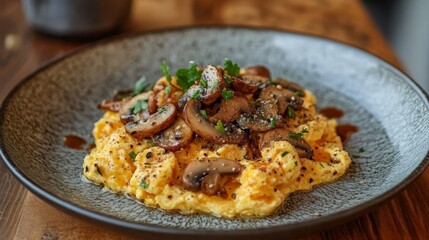 A plate of scrambled eggs served with sauted mushrooms and a sprinkle of black pepper, placed on a wooden table.