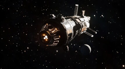 A futuristic spacecraft glides through the starry cosmos, revealing intricate details and technology.