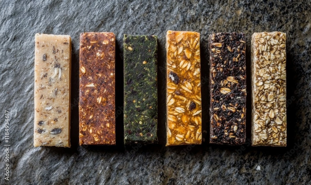 Poster row of six different kinds of granola bars. the bars are all different colors and have different ing