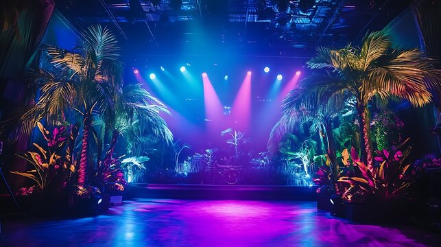 A stage with a tropical jungle theme featuring large palm trees and vibrant lighting 