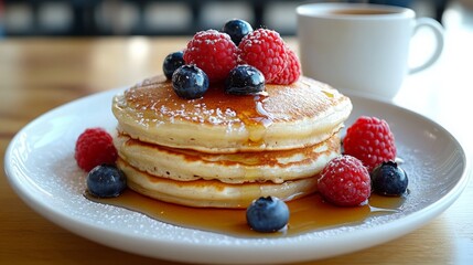 A plate of pancakes with fresh berries (strawberries, blueberries, raspberries) and a drizzle of honey, served with a cup of coffee on the side.