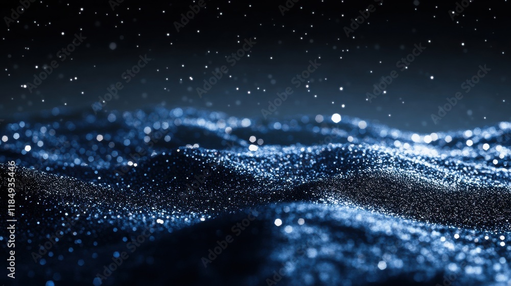 Poster a mesmerizing close-up of shimmering blue particles creating a mystical atmosphere in a dark setting