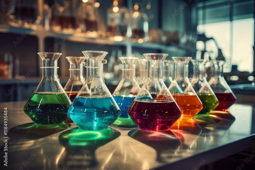 Poster glass flasks containing vibrant chemical solutions create a colorful display on a laboratory table, 