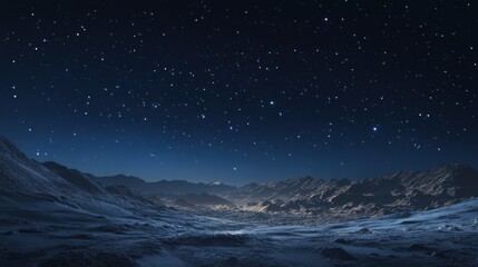A breathtaking view of a starry night over a tranquil snowy mountain landscape.