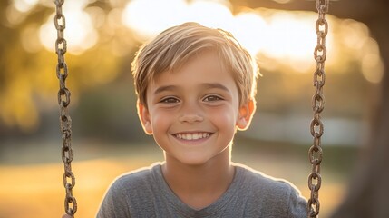 A single cheerful boy, around 7 years old, sitting on a swing in a sunny park, wearing casual clothes, with a big smile and bright sunlight casting soft shadows.