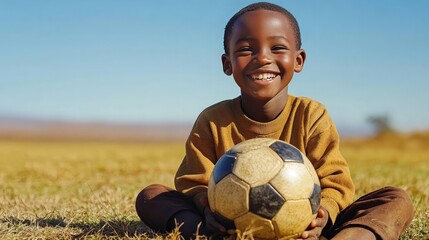 A single happy boy sitting on the ground with a soccer ball in his lap, smiling brightly, set against a plain grassy field with a clear blue sky.