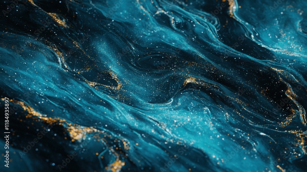 Poster abstract waves of blue and gold create a mesmerizing ocean-like texture.