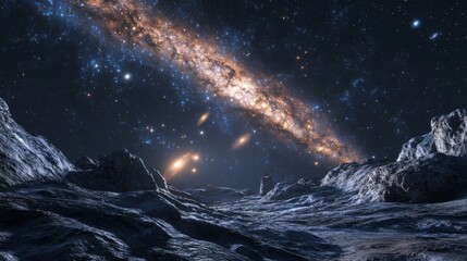 Fototapeta premium A breathtaking view of a distant galaxy from a rocky extraterrestrial landscape under a starry sky.