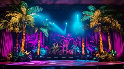 A stage with a tropical jungle theme featuring large palm trees and vibrant lighting 