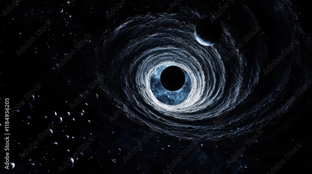 Poster a mesmerizing cosmic vortex with swirling clouds and distant planets, evoking a sense of mystery and