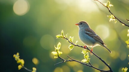 A bird perched on a thin branch, against a soft blurred green background, with its vibrant feathers catching the light.