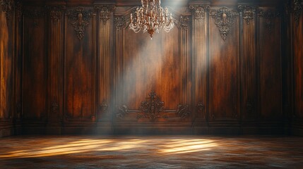 Majestic Interior: Sunbeams Illuminating an Ornate Wooden Room