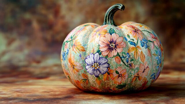 Vibrant floral pumpkin transformation in autumnal setting
