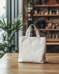 A minimalist white tote bag on a wooden table, surrounded by plants in a cozy, contemporary setting.