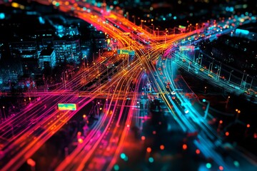 Fototapeta premium Night city highway, vibrant light trails, speeding vehicles.