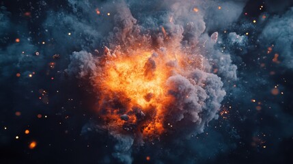 A powerful explosion illuminates the dark sky with fiery orange and smoky clouds, creating a dramatic scene.
