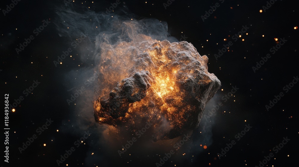 Poster a dynamic explosion of a celestial rock in a cosmic backdrop, showcasing fiery particles and glowing