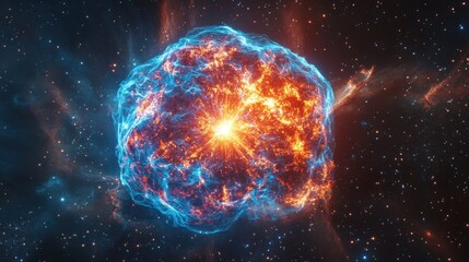 A vibrant supernova explosion illuminating the cosmos with fiery orange and electric blue hues.