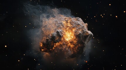 A dynamic explosion of a celestial rock in a cosmic backdrop, showcasing fiery particles and glowing smoke.