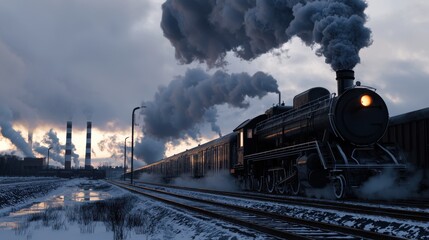 Fototapeta premium A steam train is traveling down the tracks, leaving a trail of smoke in its wake