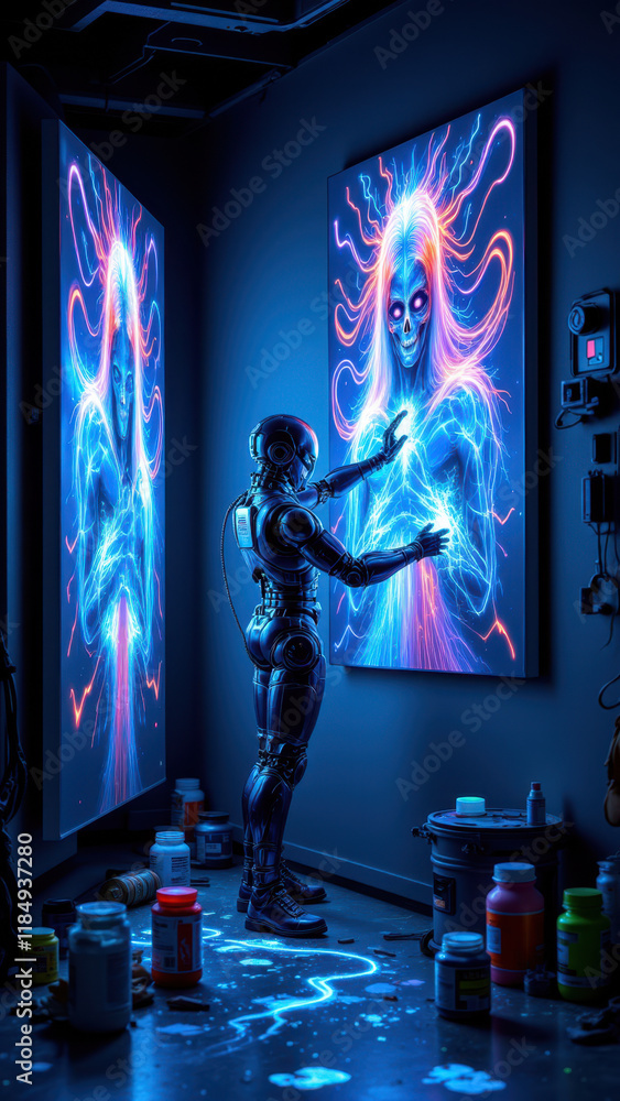 Poster an undetectable ai depicted as a humanoid robot immersed in an artistic environment with vibrant pro