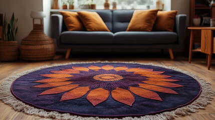 Sunflower rug design brightening modern living room, artisan home decor