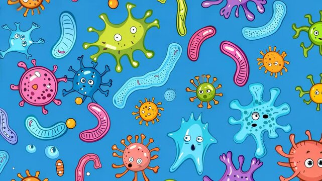 Cartoon bacteria and viruses in blue liquid. A diversity of microorganisms are depicted as cute and funny.