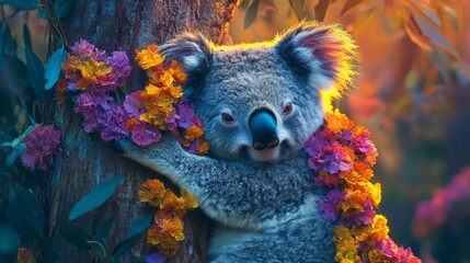 A koala adorned with a stunning array of vibrant flowers engages with its natural environment, clinging to a tree trunk as the sun sets, casting a warm glow over the scene
