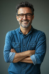 Fototapeta premium Portrait of happy fashionable handsome man in jeans shirt and glasses crossing hands and smiling