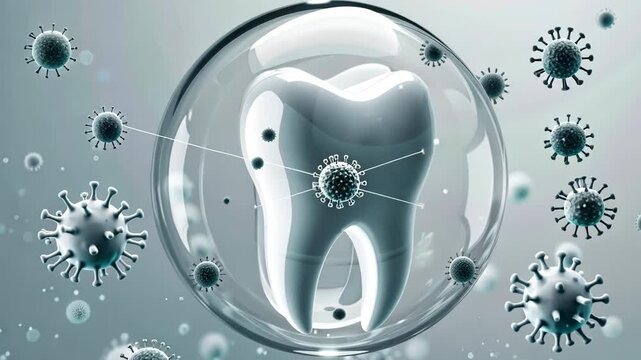 Tooth in a protective glass bubble with bacteria flying around on a white background. Oral hygiene product.