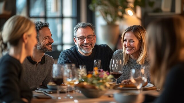 A family of four sitting around a dining table, sharing a meal together, smiling and talking, with a warm, inviting atmosphere.
