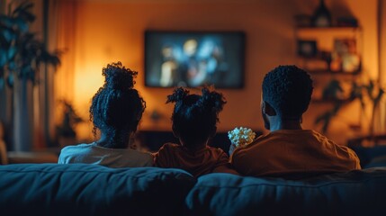Obraz premium A family of three enjoying a movie night at home, with a cozy setup on the couch, popcorn in hand, and everyone focused on the screen.