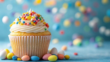 A cupcake with white frosting and colorful sprinkles on a blue background