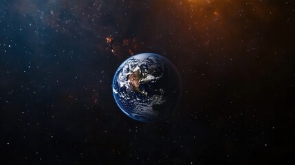 Naklejka premium A stunning view of Earth from space, showcasing the blue oceans and green continents against the dark cosmos.