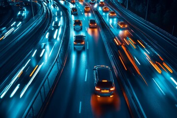 Fototapeta premium Night highway, speeding vehicles, vibrant light trails.