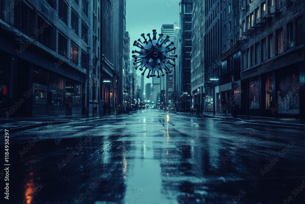 Poster Symbolic virus motif hovers over an empty urban street during twilight hours revealing city stillness. Generative AI