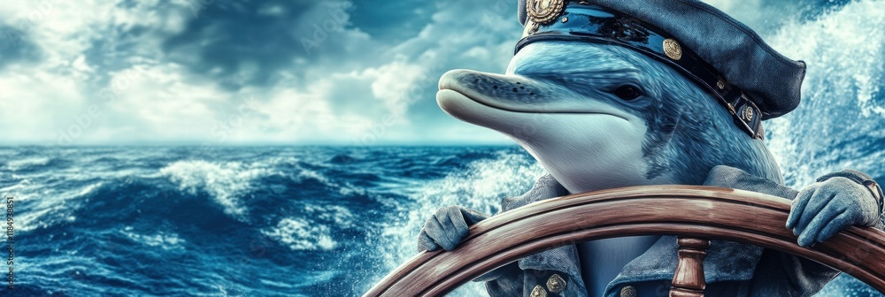 Poster dolphin dressed as a ship captain navigating the open ocean with a ships wheel. generative ai