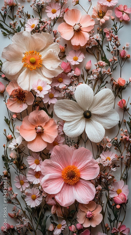 Poster A beautiful display of various flowers in soft shades of pink and white elegantly scattered across a light backdrop, creating a harmonious composition that evokes tranquility