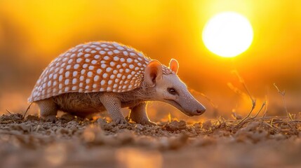 Obraz premium A small armadillo walking across a dirt field at sunset