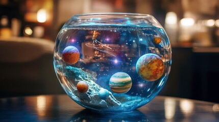 Glass bowl with water, planets, and stars, on a dark table.