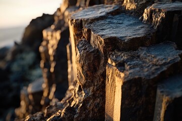 Golden hour sunlight illuminates the rough texture of dark volcanic rocks near the ocean.