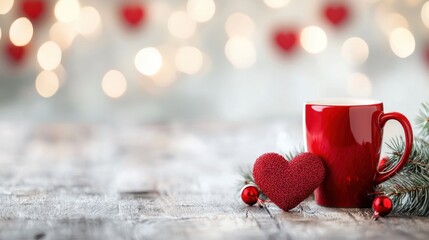 A red cup of coffee with a red heart on a wooden table