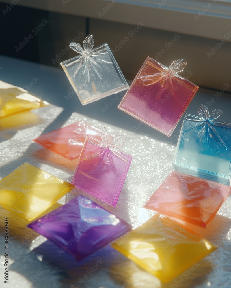 Poster colorful translucent packets floating above a glittery surface, creating a playful and vibrant atmos