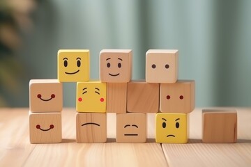 Variety of emotions represented with faces drawn on wooden cubes, illustrating customer feedback and satisfaction survey